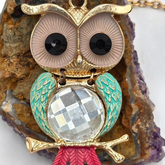 Vintage Charming Charlie Enamel Owl Pendant Necklace Turquoise Gold-Tone Chain - Picture 4 of 8